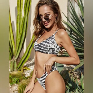 NWT Fabonics Women White Black Leopard Print Two Piece Swim Bikini Set Size M